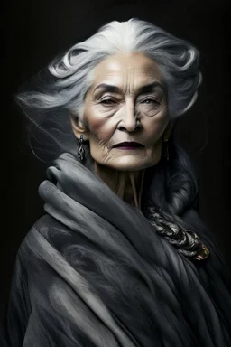 a photo of an Georgian woman with ethnic jewelry, grey hair and grey flowing robe, in style of Annie Leibovitz, contemporary portrait of a mature yet beautiful and modernist woman, black and grey, detailed feminine face, swirling fluid smokey enigma, award-winning artwork