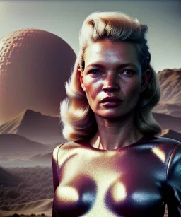 Ultra Realistic retro sci-fi movie scene, waist up view portrait, 5 clones blonde women, sweet young Kate moss face, perfect iris, glow eyes, face makeup, shave hair. Mars background, martians back, Retro sci-fi style, helmet, tight latex coat, fog, rain, soft color, highly detailed, unreal engine 5, ray tracing, RTX, lumen lighting, ultra detail, volumetric lighting, 3d, finely drawn, high definition, high resolution.