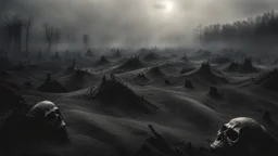 an apocalyptic nuklear landscape covered in dark gray dust. ancient battle field. broken dragon skulls everywhere. dead sun. dark grey fog. seen from the ground. horror. no trees