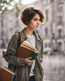 portrait pint of color photo of a student girl 22 years old ,short hair with her books in her hand walking in street,next to trees.close up