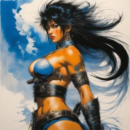 [art by Ralph Steadman] Masamune Shirow style: fantasy oil painting of Standing tall and muscular, her imposing figure was further accentuated by the intricate braids that framed her face, a testament to her skill and artistry even in the midst of battle. Her gaze was steely and unwavering, her large fangs bared in a silent snarl that spoke volumes of the fierce warrior within.