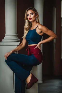 fullbody shot of young-beautiful-german girl-with-a-perfect-face-with-make-up-wearing- blue top and dark red pants standing , prophesional photography studio