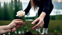 a young woman's hand plants a small white rose stem in the ground, in the background a lake, some green trees, ultra detailed, sharp focus, perfect hands, perfect photo