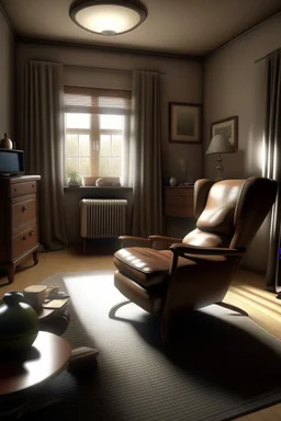 Photorealistic wide shot of an old woman's living room. Tidy and sparsely furnished with a well-loved leather recliner, sidetable and older tv. The recliner faces the tv. A small stool on wheels sits beside the tv. There is an open window with open drapes. The drapes appear to be hand sewn and tidy.