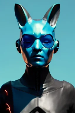 Medium Close Up Portrait, Front image. cyberpunk, rabbit mask, Italian woman, cyan short hair. latex, carbon suit. Cyan, black, blue, color. Akira style. Color background, photo studio. Avatar image, highly detailed, concept art, smooth, unreal engine 5, god rays, ray tracing, RTX, lumen lighting, ultra detail, volumetric lighting, 3d, finely drawn, high definition, high resolution.