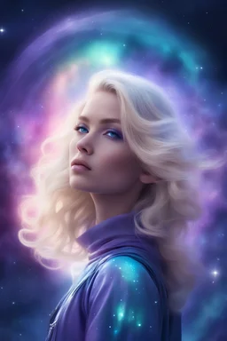 cosmic traveller woman, blonde hair, blue, purple, light aurora background