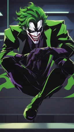 A very close picture to Mix between the joker and venom symbiote in solo leveling shadow art style with neon green details