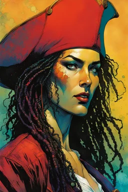 create an imaginative female, ornately dressed Turkish pirate with finely detailed facial features, short dreadlock hair, in the comic book art style of Bill Sienkiewicz, Mike Mignola, and Jean Giraud Moebius, finely textured, drawn, colored, and inked