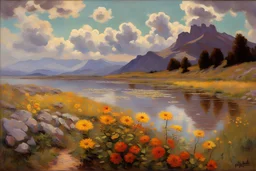 Sunny day, clouds, flowers, mountains, rocks, puddle, trees, epic, sci-fi, surreal, fernand toussaint, gustave caillebotte, and otto pippel impressionism paintings