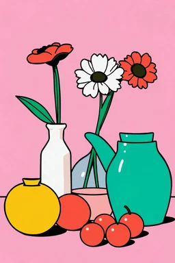 make a pop-art still life with bold black outlines, flat bright colors, and simple everyday objects