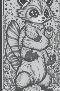 coloring book page of a magical raccon pokemon ,monochrome, black and white, sharp, sketch drawing