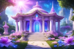 un tempio magico di un altro pianeta con tetto aperto in stile ferico con natura e fiori rosa e azzurri e cristalli e gemme in giardino con due colonne di luce e cielo aperto luminoso.