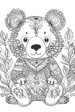 Outline art for coloring page, BOHEMIAN HAPPY TEDDY BEAR, coloring page, white background, Sketch style, only use outline, clean line art, white background, no shadows, no shading, no color, clear