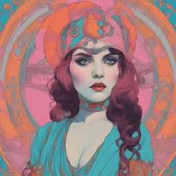 Theda bara, in the style of moebius, pink, orange, turquoise