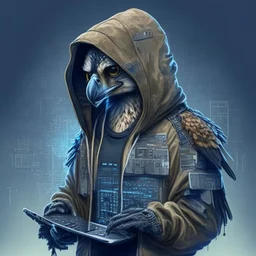 A falcon as a military hacker using a hoodie and hacker gadgets