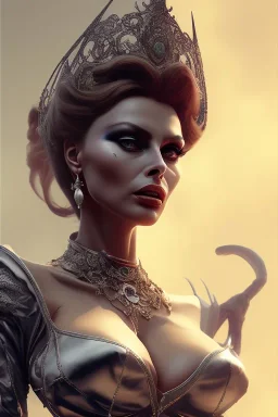 Sophia Loren as evil queen in black leather, cleavage, angry, stern look. character design by cory loftis, fenghua zhong, ryohei hase, ismail inceoglu and ruan jia. unreal engine 5, artistic lighting, highly detailed, photorealistic, fantasy