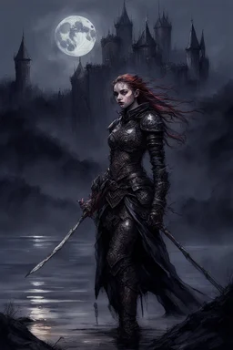 A formidable warrior girl in black armor, against the background of an amazing gloomy landscape, flooded with the light of two moons, mountains, trees, a fabulous scary landscape, juicy emotions, painting, dark fantasy, gloomy day, dark world, portrait, Gothic Town At Night, Fantasy, Intricate Details, Castle Courtyard Gardens, Hyper Detailed, Jean Baptiste Monge, Carne Griffiths, Michael Garmash, Seb Mckinnon, Masterpiece