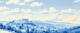 A blue-colored portuguese porcelaine painting of serene landscape featuring Athens city, Greece. Acropolis on a background, and a sky filled with soft clouds completes the tranquil scene. Only blue and white colors