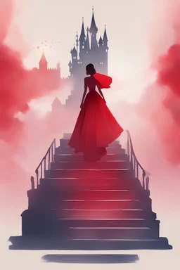 Oilpaint( red gradient) (Princess silhouette) (long skirt) (tiara crown) (Dragging suitcases in hand) (brand identity) (Castle silhouette) (the tower) (janelas) (stairways) (halo effects) (Handwritten font) (Femininity) (Dreamy) (the detail)
