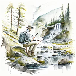 Illustrate a scene of an artist exploring the wonders of Norwegian nature, sketching, plain air amidst forests, waterfalls, and meadows, artistic style painting, white background, detailed, realistic