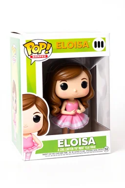 Funko figure of a very young female, smiling, long wavy soft brown hair, wearing a ballerina dress, pink dress, ballet, very cute, ballet pose,. The Funko is displayed inside and outside a limited edition green and yellow Funko box with "HELOISA" text, allowing visibility of the figure, typography, 3D render. White background