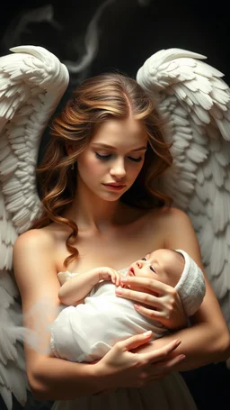 A beautiful female angle with wings she has a beautiful sad face carrying a beautiful baby and look at the Baby with love all white form formed from white smoke