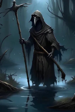 Young Kenku necromancer pirate with black robes and a crooked wooden staff in a dark swamp