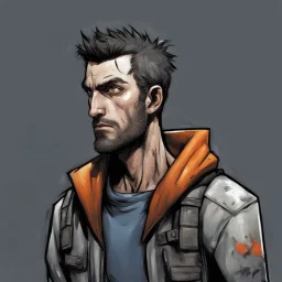 man,, looking serious, comic book, post-apocalypse, grey background