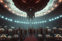 a corrupt government looms above, pulling the strings of hundreds of marionettes dangling below it, the news media broadcasts the marionettes' suffering on screens everywhere, dystopian, horror