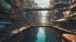 Water-level view of buildings made of reused dirty rusty metal on a futuristic canal junction, cyberpunk, many painted colours, flying boats, balconies, bridges, people, shopping, eating, walking, fifth element, ghost in the shell, altered carbon