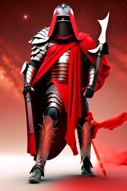 Planet Mars portrayed as a menacing man wearing Roman-like armour, a red cape, and a roman helmet that covers his face entirely, he is armed with a spear and a spartan shield, his armour is covered with battle marks