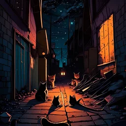 night sunset with stars a closed alley with cats eating from the rubbish in a vampire city cartoon