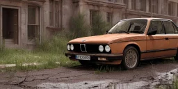 an abandoned 1990 bmw rust 2-door overgrown by nature with dust ,ultra realistic,concept, 4k ,on street,8k resolution, high-quality, fine-detail, parked in crowded city winter