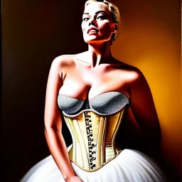 Ultra detailed fullbody Portrait in oil on canvas of fit beautiful mature realistic busty Margot Robbie,wearing tight 18th Century Corset ,extremely detailed digital painting, extremely detailed face,crystal clear eyes, mystical colors ,perfectly centered image, perfect composition, rim light, beautiful lighting,masterpiece,8k, stunning scene, raytracing, anatomically correct, in the style of robert e howard and Wizyakuza and Ohrai Noriyoshi and Simon Bisley and uncannyknack