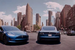 A Tesla 'Model Y' is parked, near the Flatiron Building in Manhattan. (CINEMATIC, WIDE ANGLE LENS, PHOTO REAL)