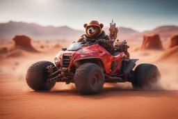 potrait of yogi bear driving highly symmetric metallic rocket propelled mad max ATV that looks like a helmet with rounded glass bubble roof in red desert, bokeh like f/0.8, tilt-shift lens 8k, high detail, smooth render, down-light, unreal engine, prize winning