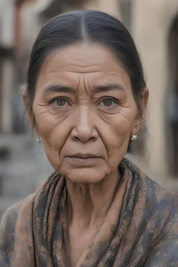 photo realistic portrait of uzbekian woman of the street, ugly, very ultra real and natural, infinite details of skin. the eyes looks at her husband