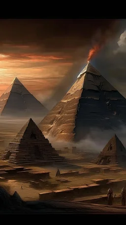 A several volcanos exploding over a the Permit of Egypt in high definition cinematic theme with stormy fiery sky. 3 UFO triangle shapes hovering over