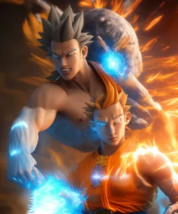 Goku, avatar style, fighting pose, muscular body, shirtless, volumetric details, hyper realism, unreal engine 5