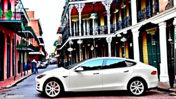 A Tesla's 'Model S Plaid' is parked, in the 'French Quarter' in New Orleans, Louisiana. CINEMATIC. WIDE ANGLE LENS.