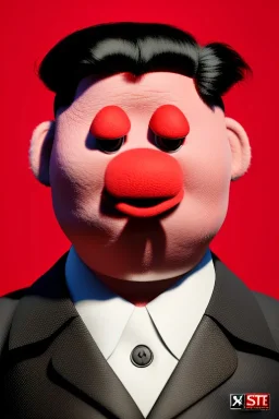 Waist up muppet Portrait, Kim Jong-un muppet doll, black suit, photo studio, red background, unreal engine 5, concept art, art station, god lights, ray tracing, RTX, lumen lighting, ultra detail, volumetric lighting, 3d.