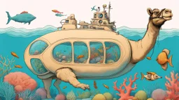 Surreal and humorous illustration of a camel-shaped submarine, underwater, with colorful coral reef and marine life surrounding it, by Salvador Dali meets Dr. Seuss style, vibrant colors, intricate details