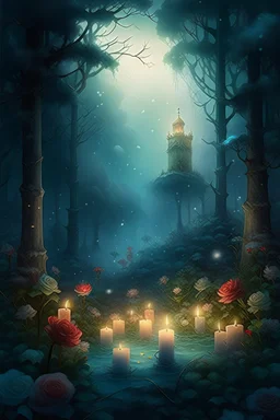 CANDLES ARE BURNING IN A WONDERFUL CLEARING IN A MAGICAL FOREST, THE NIGHT IS FULL MOON, SNOW, MAGIC Watercolor, double Chinese rose bush, ultra-detailed, morning, rain, greenery, beautiful landscape, fog, many details, delicate sensuality, realistic, high quality, 3d, work of art, hyperdetalization, filigree, foggy haze background, hyperrealism, professional, transparent, delicate pastel tones, back lighting, contrast, fantastic, unreal, translucent, glowing, clear lines, epic fabulous, fab