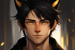 A male with messy black hair, gold eyes, black cat ears, realistic, slight smile