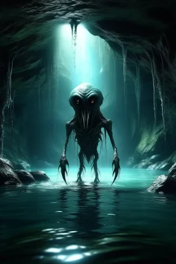 A scary alien creature standings in lake underground with waterfalls in side a cave