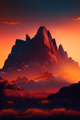 big rock mountains with and orange dawn sky with no clouds