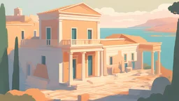 a painting of view from far on romantic greek town, Ancient Greece, old town, reconstruction :: Hellenistic period, Hellenistic town :: traditional classical greek architecture, ancient greek scene painting :: a storybook illustration by James Gilleard, behance contest winner, 2d game art, storybook illustration, rich color palette,