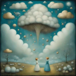 Post modern surreal fantasies by Vasko Taskovsky, Masterpiece, richly textured oil and ink illustration ((whole scene in frame)) in mixed whimsical surreal styles of Lucy Grossmith, Nicoletta Ceccoli and Vasko Taskovski, billowing clouds, by Susanne, beautiful colors, beautiful lighting, Gustav Klimt, beautiful colors in shades of cerulean, lilac, teal, burnt orange and yellow, gold leaf details, paint splatter Modifiers: elegant fantasy intricate masterpiece fantastic view hyperrealistic high d