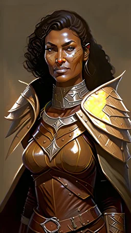 A tall human woman with tanned skin. Her face, marked by the years, always has a smirk on it, showing her superiority in the eyes of the others. She is dressed in leather armor and wears a wheel cape.