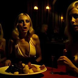 Horror movie shot, spooky, hot, ultra realistic, dine, horns, ultra realistic hot blonde women, party, pieces of meat, organs, ail, dynamic, very excited people, hypermaximalist figures, light, 1970's Italian horror movie, sinister,, Dario Argento, Stanley Kubrik, ornate, 4k, photorealism